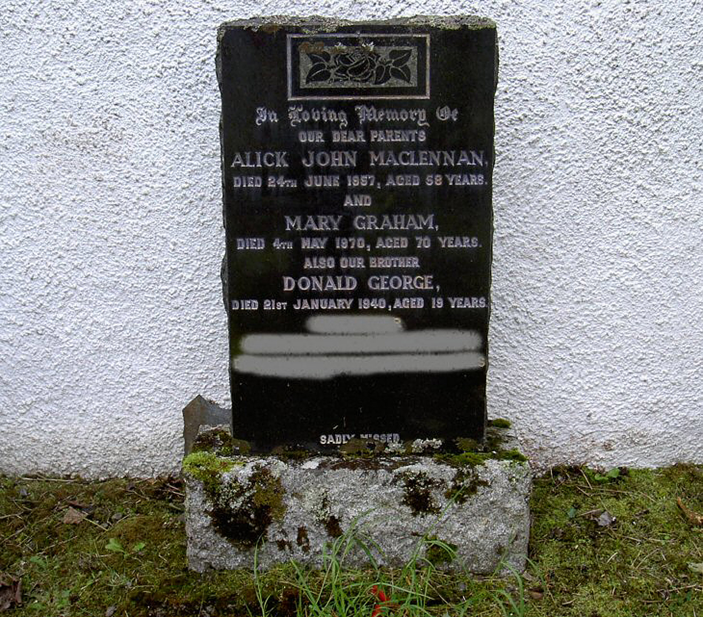 Photo of headstones/Alick John MacLennan died 1957 MI Plockton